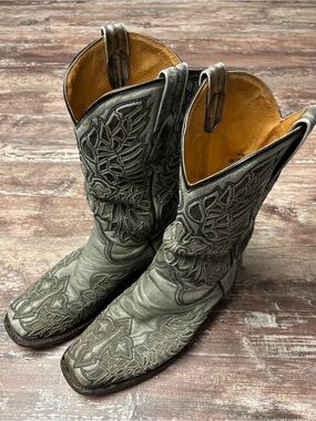 Corral Cowboy Boots Buckle Men's Gray Tan Embroidered Leather Western Size 11